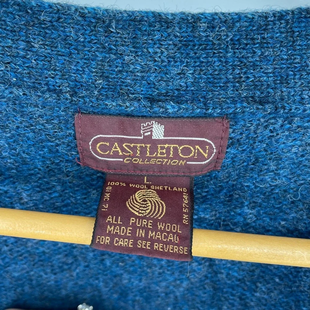 Castleton‎ Collection Blue Cable Knit 100% Wool Shetland Cardigan Sweater L Cozy